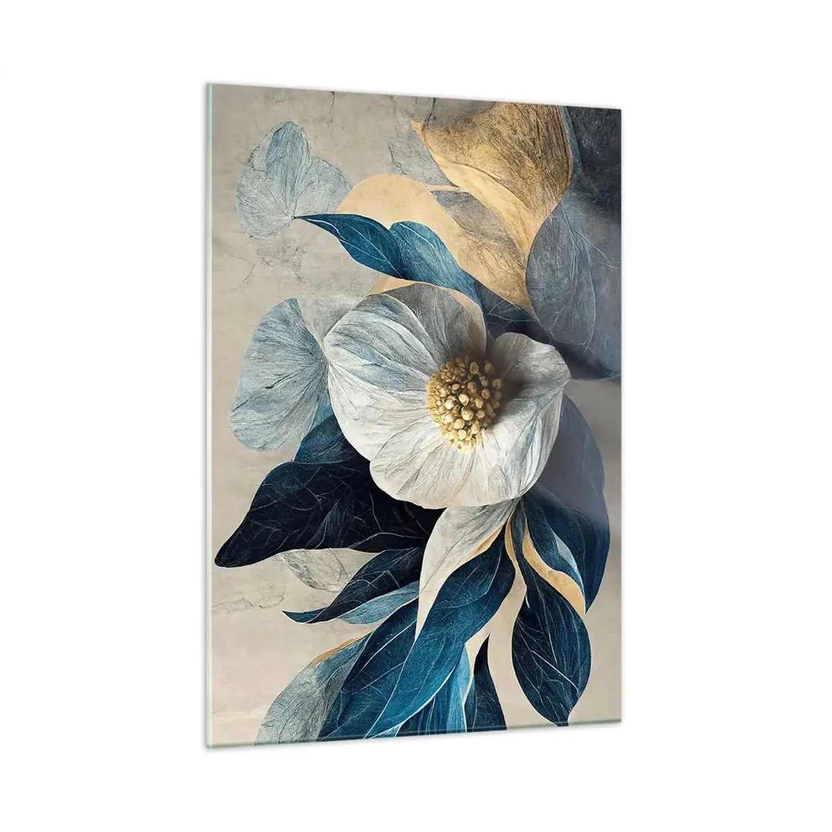 Obraz na szkle - Biała kwiatowa kompozycja z granatowymi liśćmi i złotym środkiem - 50x70cm - Ma złote serce - Nowoczesna dekoracja ścienna do salonu, kuchni i sypialni ARTTOR