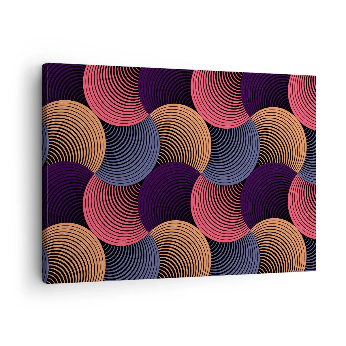 Obraz na płótnie - Geometryczne kręgi w odcieniach różu, fioletu i złota - 70x50cm - W kolistym rytmie - Nowoczesna dekoracja ścienna do salonu i sypialni ARTTOR