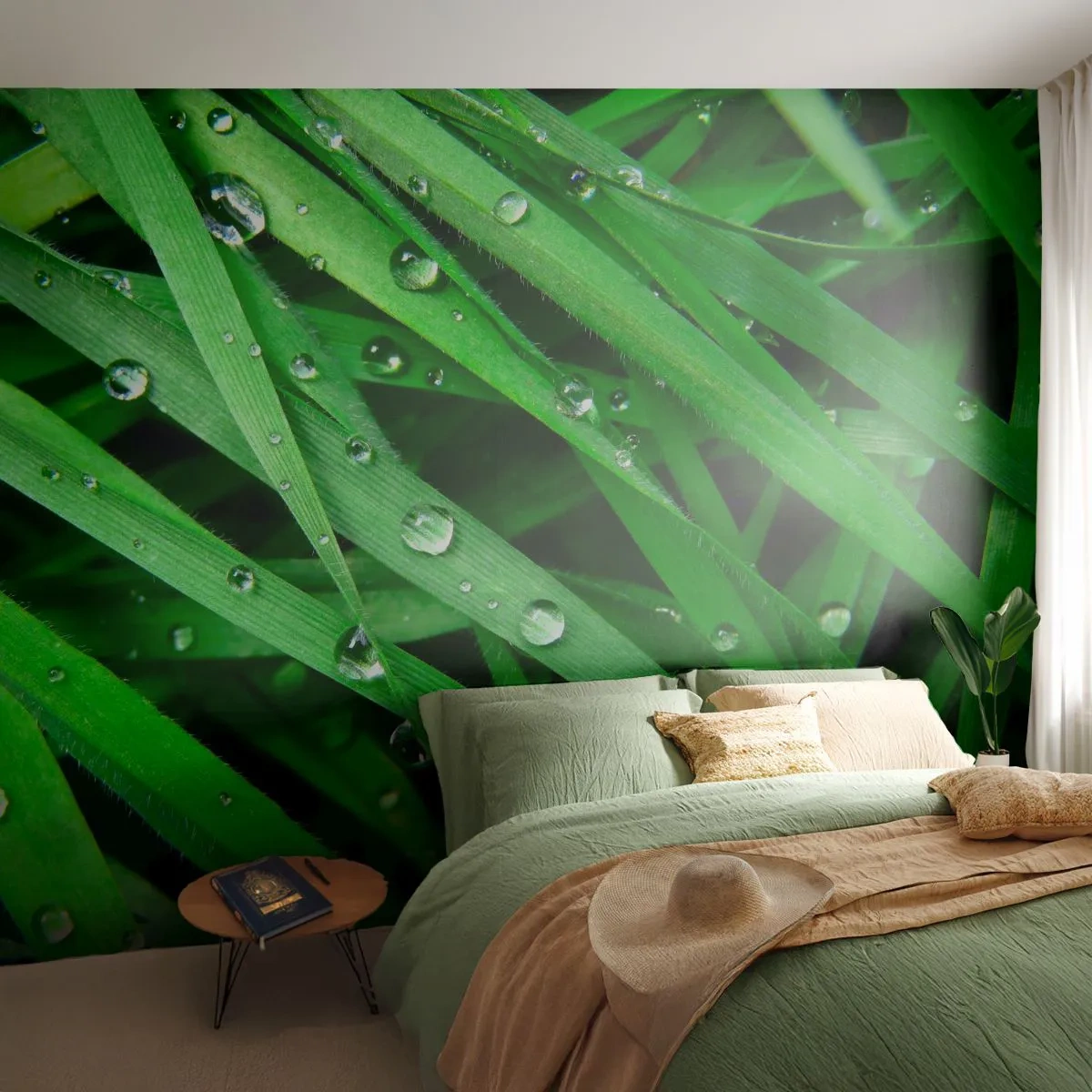 Fototapeta Premium Sand - Zielona trawa pokryta kroplami rosy - 100x70cm - Zagraj w zielone - Nowoczesna dekoracja ścienna do salonu, kuchni i sypialni ARTTOR