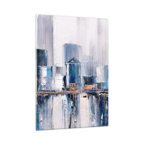 Obraz na szkle - Abstrakcyjna panorama miasta z wieżowcami i mostem w chłodnych barwach - 50x70cm - Nowojorska impresja - Nowoczesna dekoracja ścienna do salonu, kuchni i sypialni ARTTOR