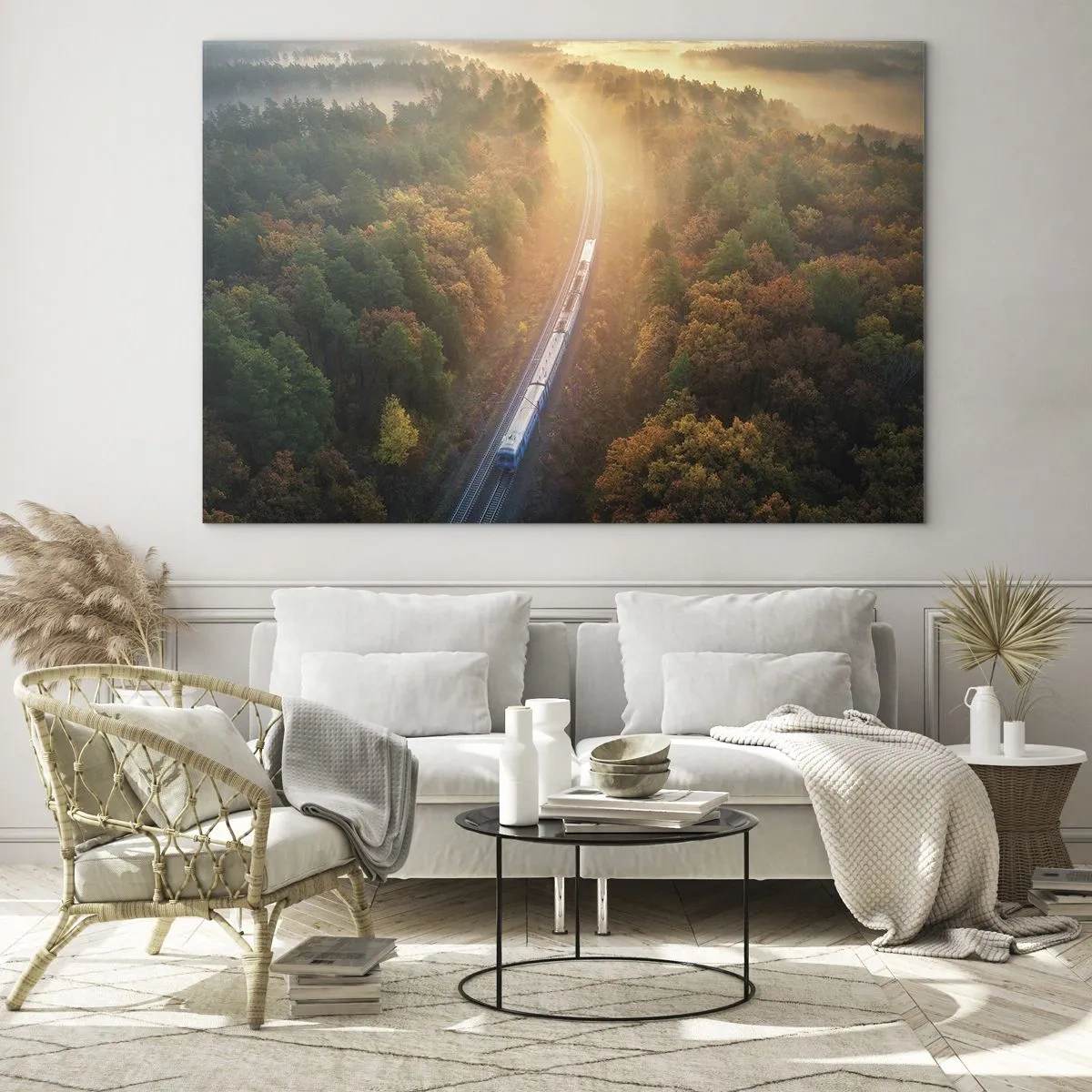 Obraz na szkle - Pociąg w malowniczej, jesiennej scenerii, pełen ciepła i nostalgii - 70x50cm - Jesienna podróż - Nowoczesna dekoracja ścienna do salonu i sypialni ARTTOR