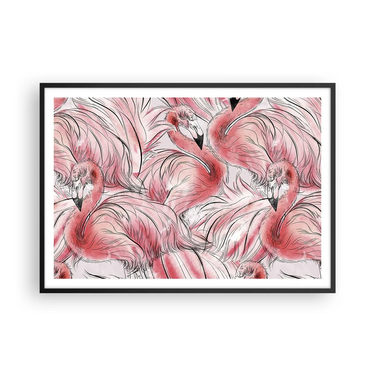 Plakat w czarnej ramie - Delikatne rysunki różowych flamingów - 100x70cm - Ptasi corps de ballet - Nowoczesna dekoracja ścienna do salonu i sypialni ARTTOR