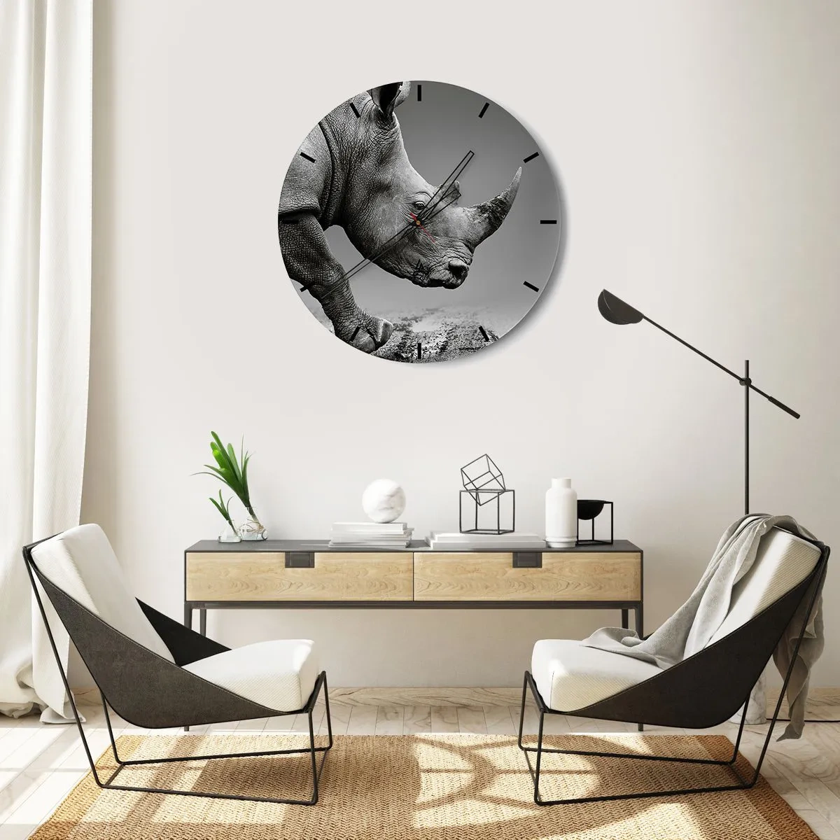 Zegar ścienny - Nosorożec w czarno-białej stylistyce na neutralnym tle - 30x30cm - Niepowstrzymana siła - Nowoczesna dekoracja ścienna do salonu, kuchni i sypialni ARTTOR