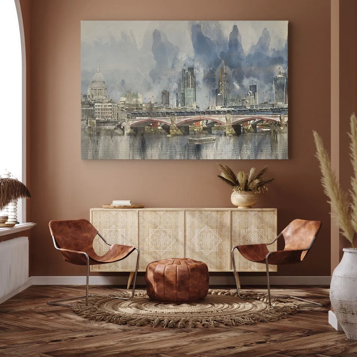 Obraz na płótnie - Akwarelowy widok na most i panoramę miasta - 70x50cm - Londyn w całej okazałości - Nowoczesna dekoracja ścienna do salonu i sypialni ARTTOR