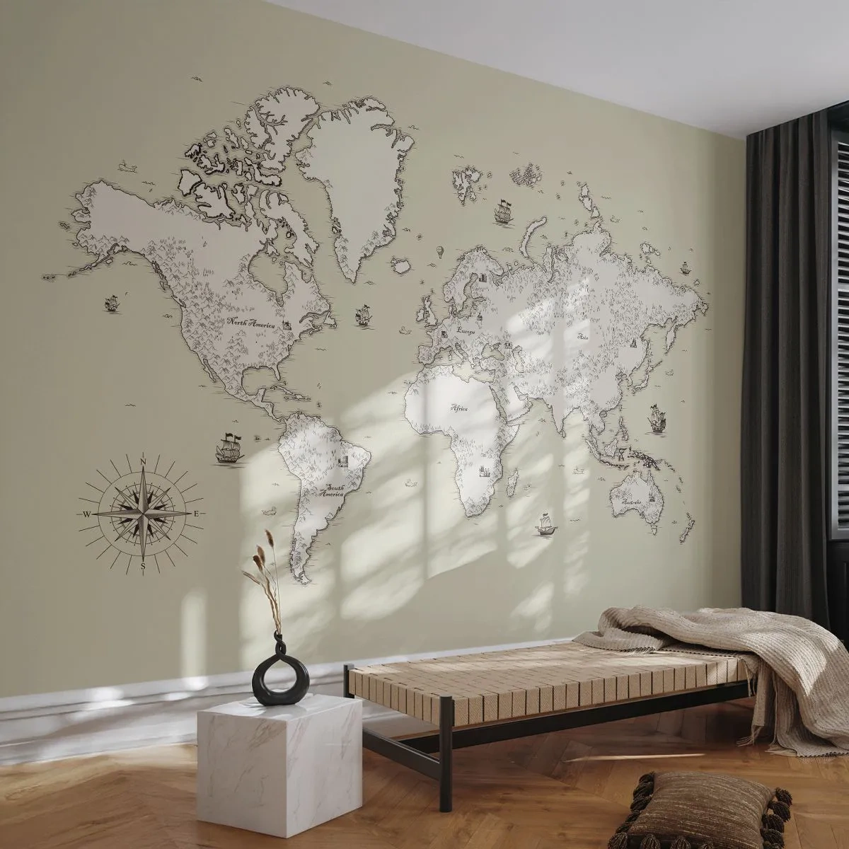 Fototapeta Premium Sand - Podróż dookoła świata - Mapa Świata, Kontynenty, Statek Piracki - 100x70 cm