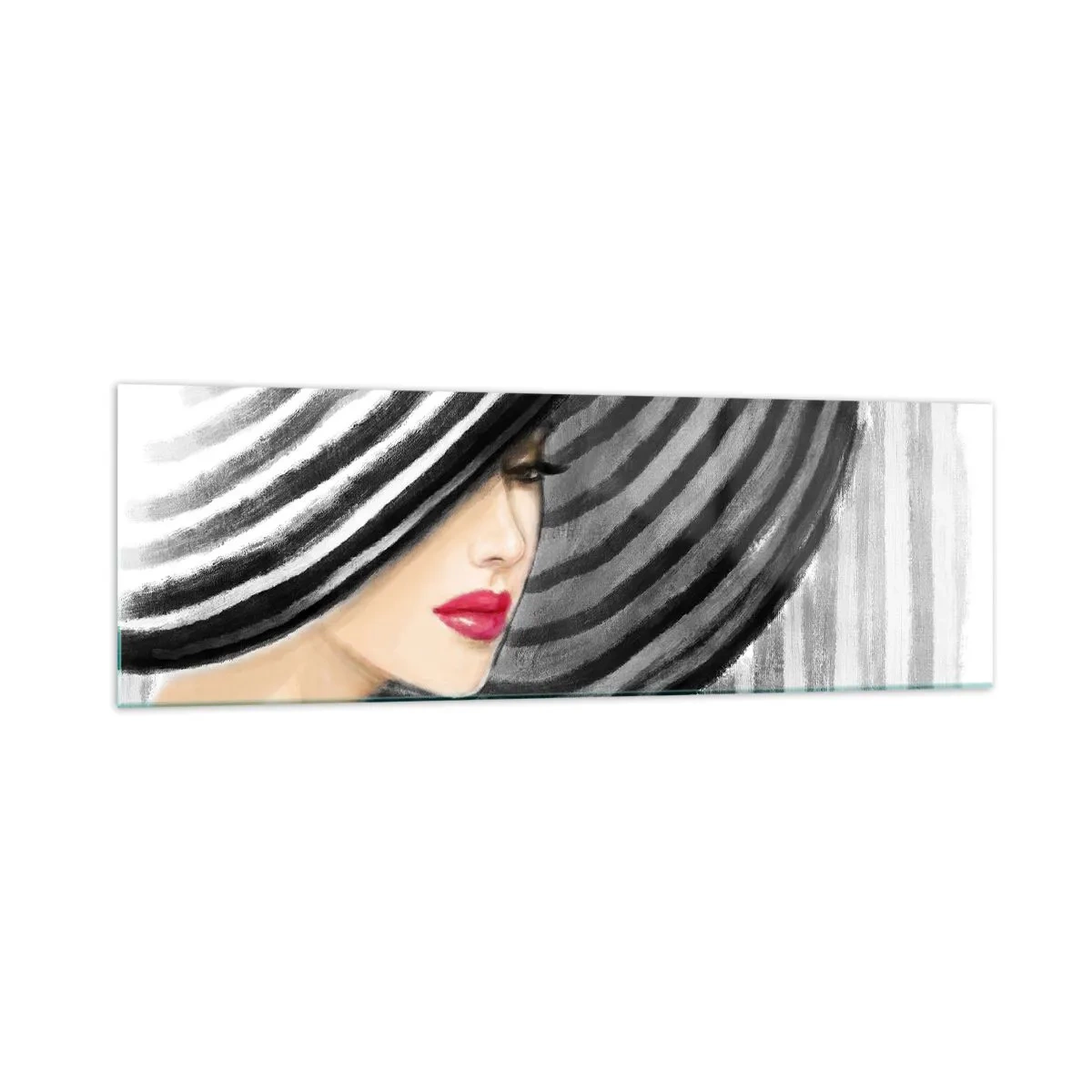 Obraz na szkle - Kobieta w kapeluszu w czarno-białym stylu z czerwonym akcentem - 160x50cm - Gdzie ciebie szukać? - Nowoczesna dekoracja ścienna do salonu i sypialni ARTTOR