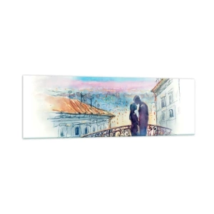 Obraz na szkle - Romantyczna para na balkonie z widokiem na miasto - 160x50cm - Paryscy kochankowie - Nowoczesna dekoracja ścienna do salonu i sypialni ARTTOR