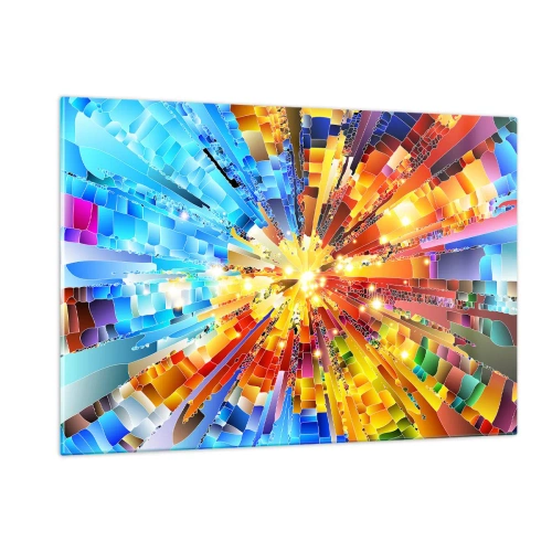 Obraz na szkle - Abstrakcyjna eksplozja kolorów w dynamicznej, geometrycznej kompozycji - 120x80cm - In medias res - Nowoczesna dekoracja ścienna do salonu, kuchni i sypialni ARTTOR