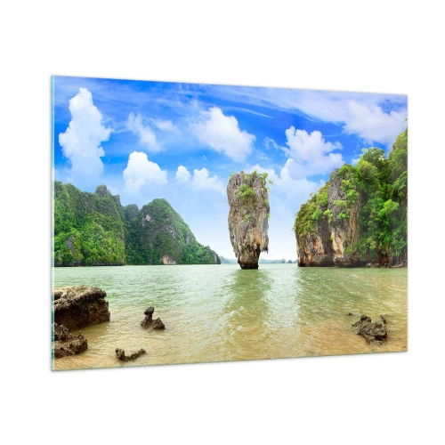 Obraz na szkle - Skała na wodzie w otoczeniu tropikalnych wysp - 100x70cm - Skalne dziwy natury - Nowoczesna dekoracja ścienna do salonu, kuchni i sypialni ARTTOR