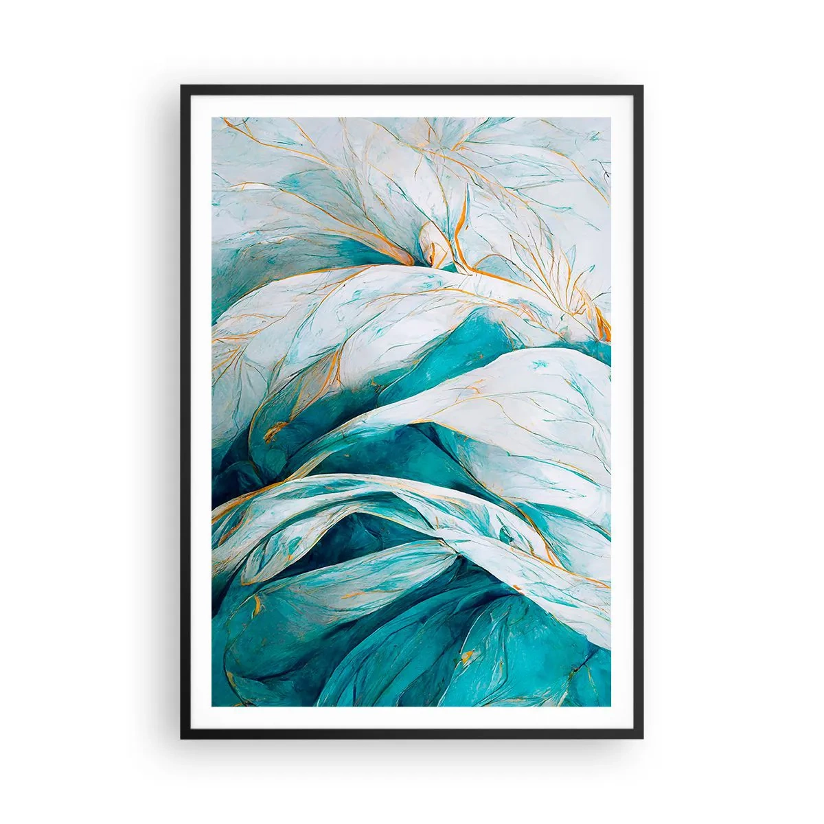 Plakat w czarnej ramie - Błękitna abstrakcja z motywem złota - 70x100 cm