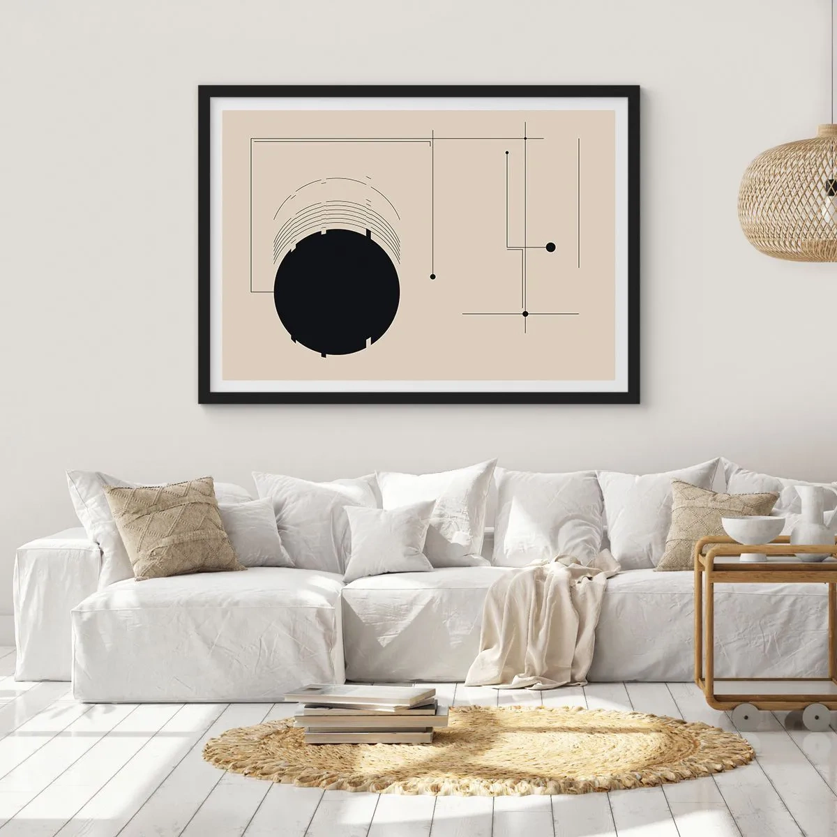 Plakat w czarnej ramie - Czarne geometryczne linie i okrąg na beżowym tle - 70x50cm - Sprężysta i dynamiczna kompozycja - Nowoczesna dekoracja ścienna do salonu i sypialni ARTTOR