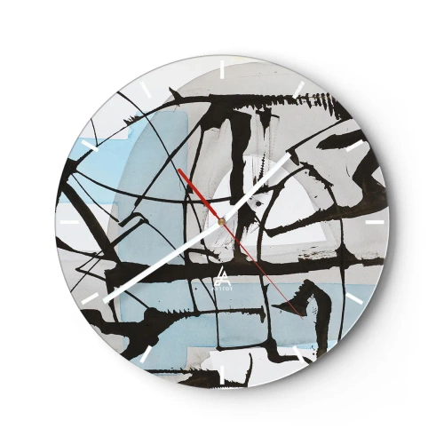 Zegar ścienny - Czarne abstrakcyjne linie na tle błękitnych i szarych plam - 30x30cm - Mimo wszystko błękitny - Nowoczesna dekoracja ścienna do salonu, kuchni i sypialni ARTTOR
