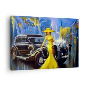 Obraz na płótnie - Kobieta w żółtej sukni z skrzypcami przy retro samochodzie - 70x50cm - Nokturn na skrzypce i miłość - Nowoczesna dekoracja ścienna do salonu i sypialni ARTTOR
