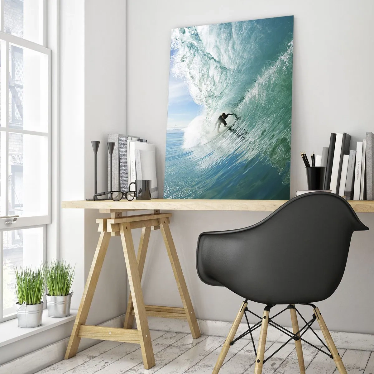 Obraz na szkle - Surfer w tubie fali na tle błękitnego nieba - 50x70cm - Zawsze na fali - Nowoczesna dekoracja ścienna do salonu, kuchni i sypialni ARTTOR