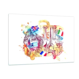Obraz na szkle - Akwarela zabytków Europy z flagami krajów - 120x80cm - Europejskie tourne - Nowoczesna dekoracja ścienna do salonu, kuchni i sypialni ARTTOR