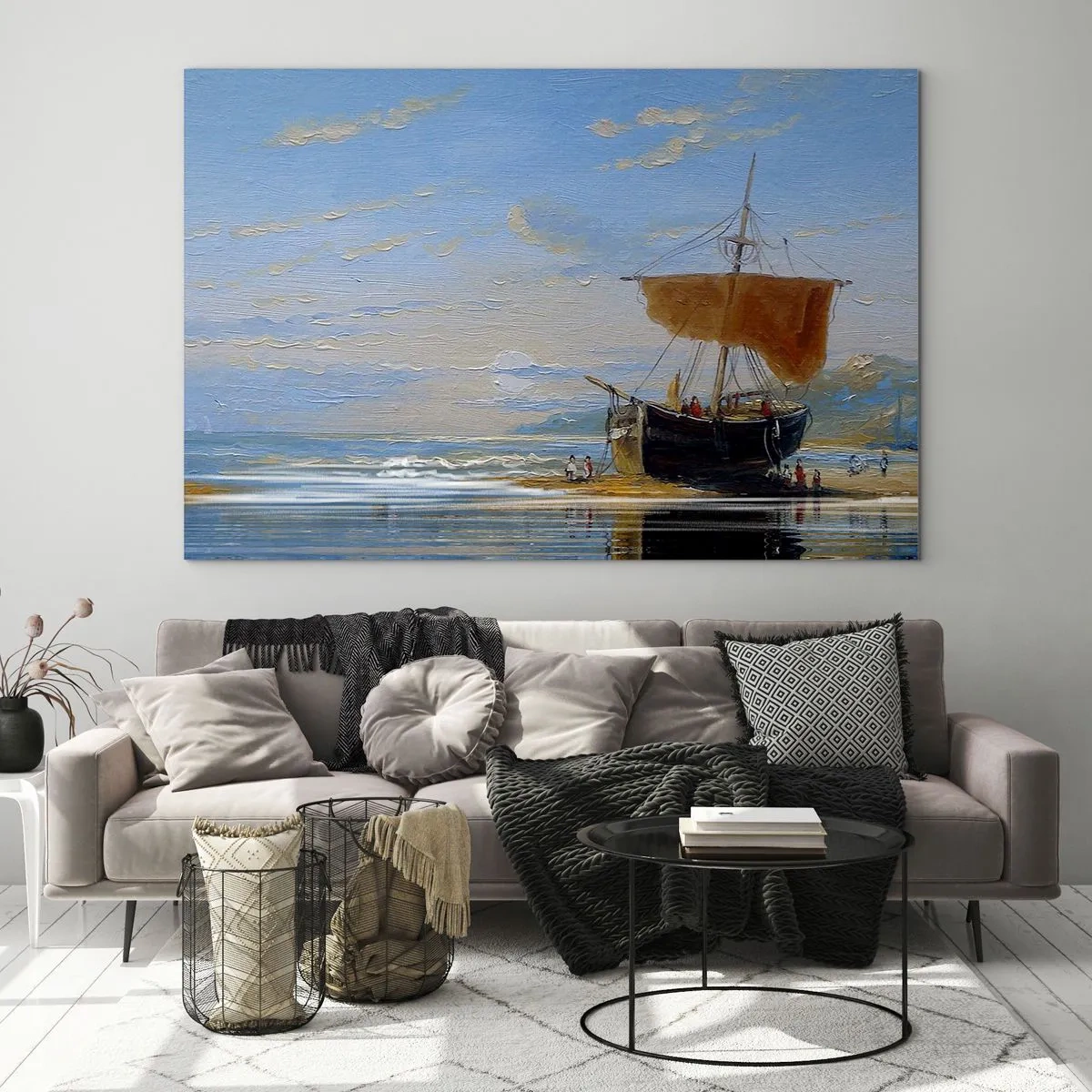 Obraz na szkle - Statek z żaglem przy brzegu w malarskim stylu - 70x50cm - Woda, ziemia, powietrze - Nowoczesna dekoracja ścienna do salonu i sypialni ARTTOR