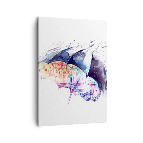 Obraz na płótnie - Akwarelowy obraz miasta odbijającego się w kałuży pod czarnymi parasolami w deszczu - 50x70cm - Spacer w deszczu - Nowoczesna dekoracja ścienna do salonu, kuchni i sypialni ARTTOR
