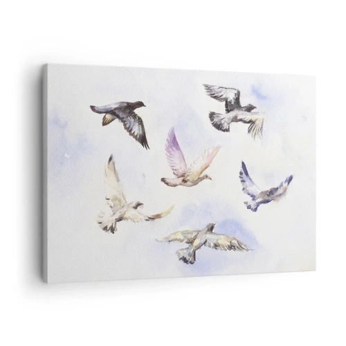 Obraz na płótnie - Akwarelowe ptaki w locie na tle delikatnego nieba - 70x50cm - Wolność w szarości i błękicie - Nowoczesna dekoracja ścienna do salonu i sypialni ARTTOR