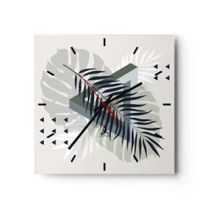 Zegar ścienny - Geometryczna kompozycja z tropikalnymi liśćmi w odcieniach zieleni - 30x30cm - Natura i geometria – dwa porządki? - Nowoczesna dekoracja ścienna do salonu i sypialni ARTTOR
