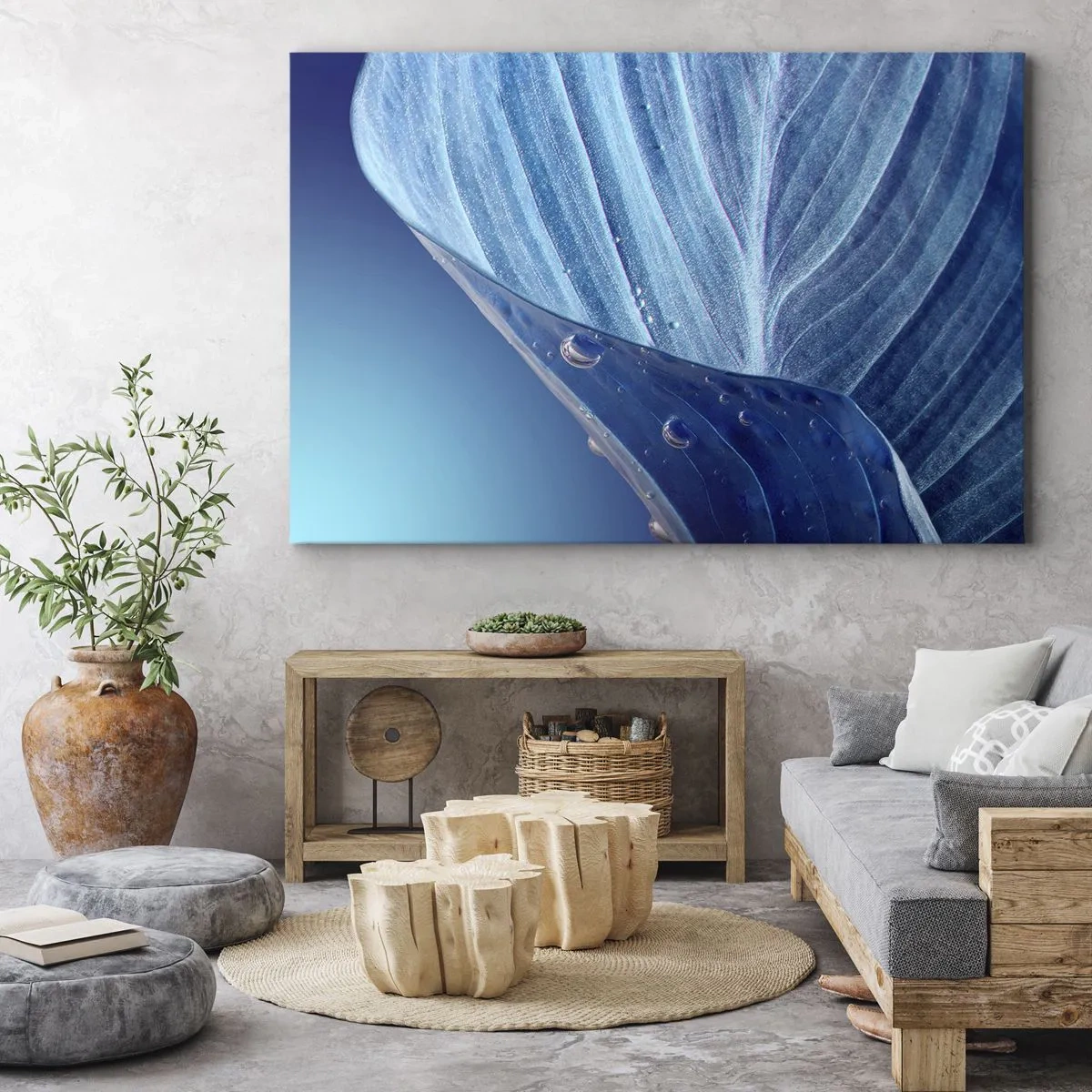Obraz na płótnie - Błękitny liść z widocznymi kroplami wody - 70x50cm - Ukryte krople błękitu - Nowoczesna dekoracja ścienna do salonu i sypialni ARTTOR