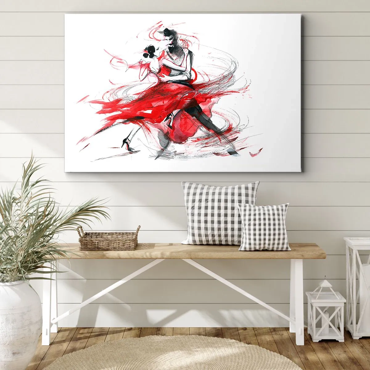 Obraz na płótnie - Tancerze w dynamicznym tańcu z czerwonymi akcentami - 70x50cm - Tango - rytm namiętności - Nowoczesna dekoracja ścienna do salonu i sypialni ARTTOR