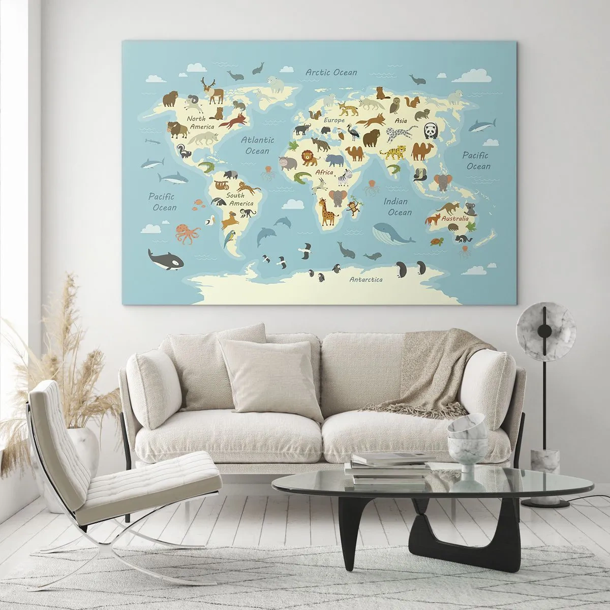 Obraz na szkle - Kolorowa mapa świata z ilustracjami zwierząt z różnych kontynentów - 70x50cm - Dobrzy sąsiedzi - Nowoczesna dekoracja ścienna do salonu i sypialni ARTTOR