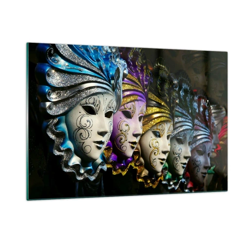 Obraz na szkle - Kolorowe weneckie maski w rzędzie - 120x80cm - Tajemnica w złocie i w srebrze - Nowoczesna dekoracja ścienna do salonu, kuchni i sypialni ARTTOR