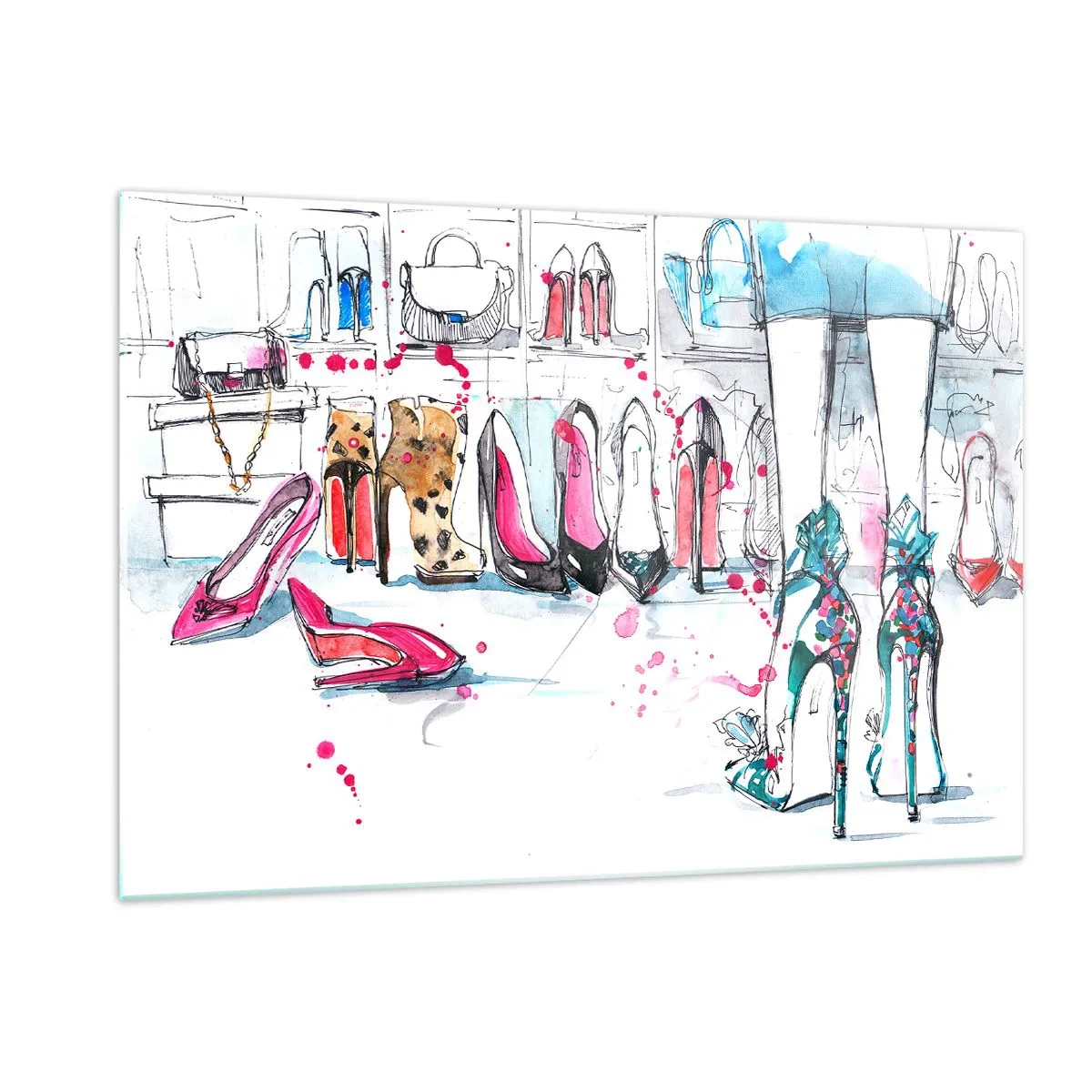 Obraz na szkle - Ilustracja z eleganckimi butami na szpilkach w sklepie - 120x80cm - Sezamie, otwórz się - Nowoczesna dekoracja ścienna do salonu, kuchni i sypialni ARTTOR