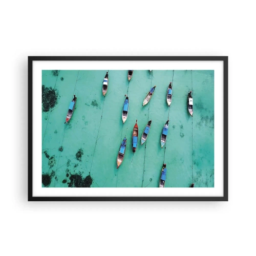 Plakat w czarnej ramie - Łodzie na turkusowej wodzie w widoku z lotu ptaka - 70x50cm - W radosnym oczekiwaniu - Nowoczesna dekoracja ścienna do salonu i sypialni ARTTOR
