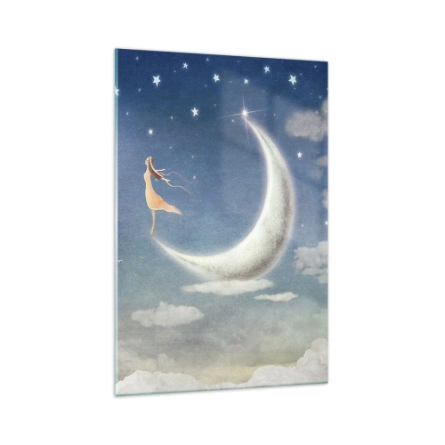 Obraz na szkle - Kobieta na księżycu otoczona gwiazdami i chmurami - 70x100cm - Zalotnica niebieska - Nowoczesna dekoracja ścienna do salonu i sypialni ARTTOR