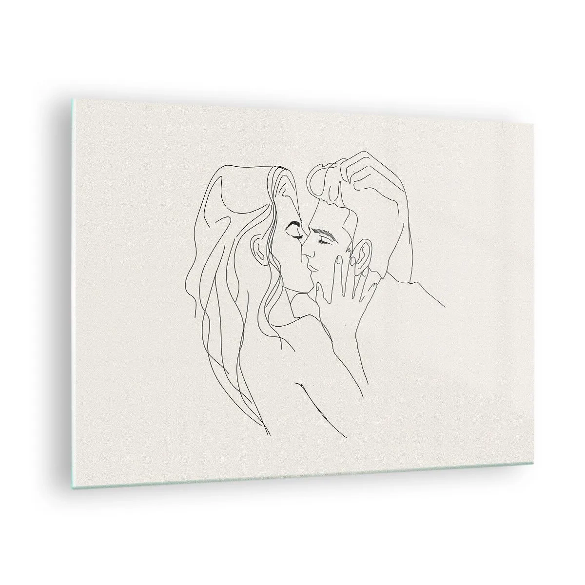 Obraz na szkle - Zmysłowy pocałunek pary w konturze linii - 70x50cm - Splątani uczuciem - Nowoczesna dekoracja ścienna do salonu i sypialni ARTTOR