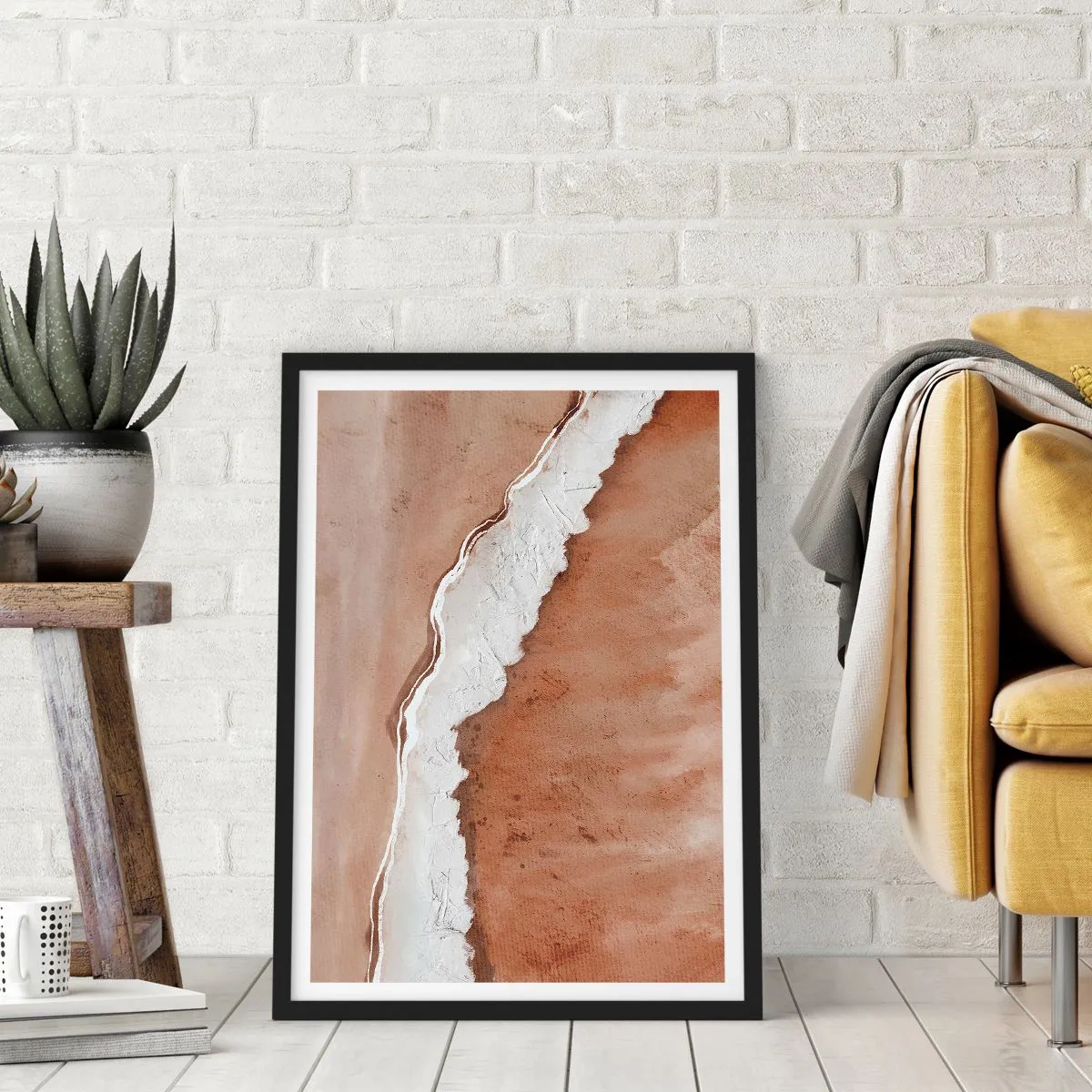Plakat w czarnej ramie - Abstrakcyjna faktura w odcieniach brązu i bieli - 50x70cm - W kolorach ziemi - Nowoczesna dekoracja ścienna do salonu i sypialni ARTTOR