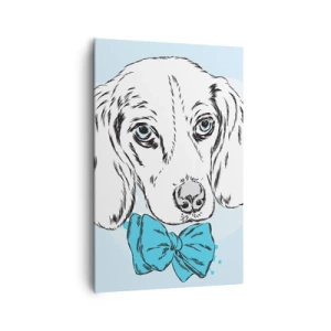 Obraz na płótnie - Urocza grafika psa z muszką na pastelowym tle - 80x120cm - Psia elegancja - Nowoczesna dekoracja ścienna do salonu i sypialni ARTTOR