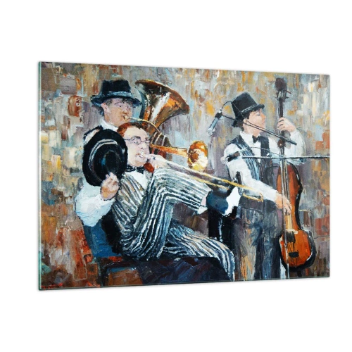 Obraz na szkle - Zespół jazzowy w klimatycznej impresjonistycznej scenie - 120x80cm - Cały ten jazz - Nowoczesna dekoracja ścienna do salonu, kuchni i sypialni ARTTOR