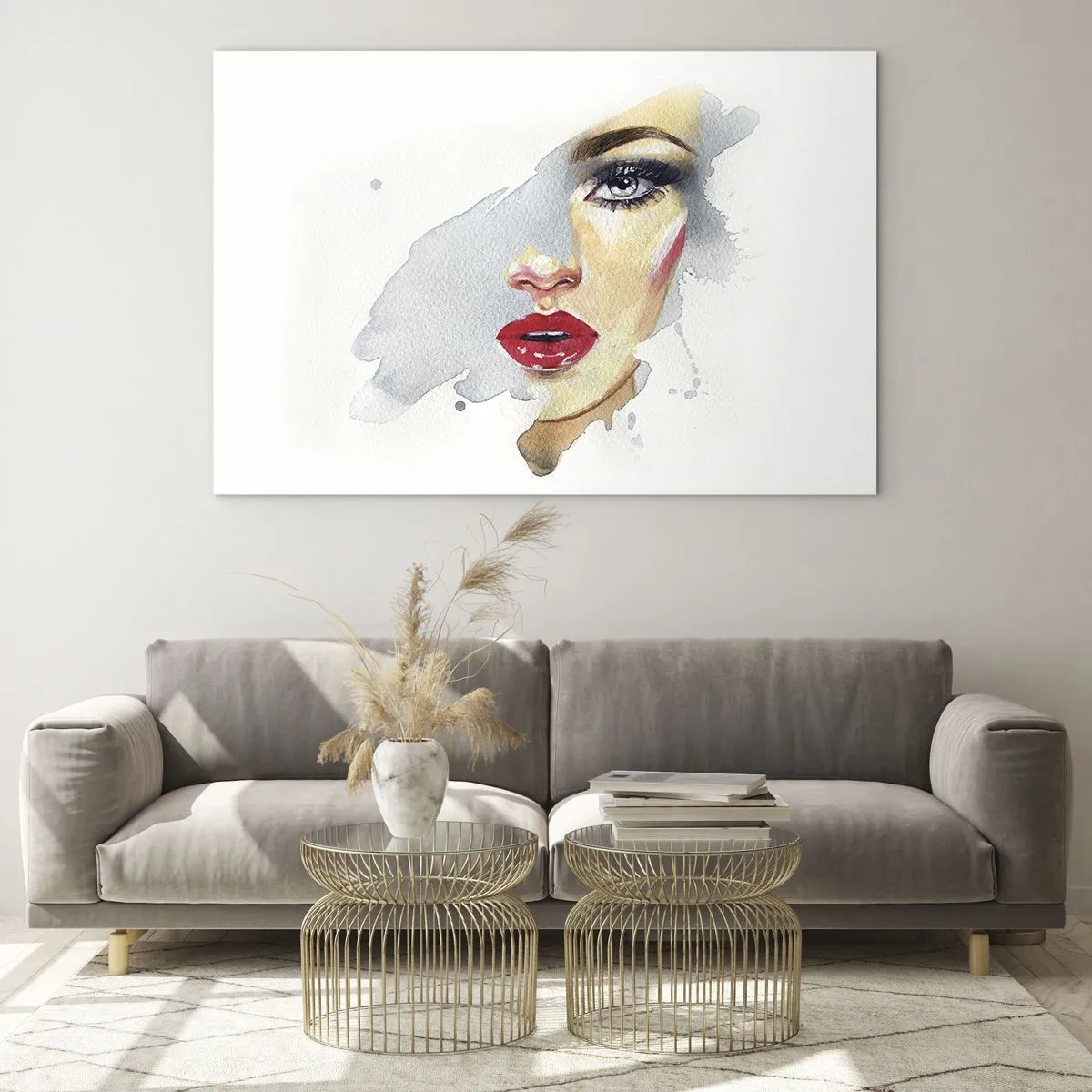 Obraz na szkle - Portret kobiety w akwareli z czerwonymi ustami - 70x50cm - Odbicie w kropli wody - Nowoczesna dekoracja ścienna do salonu i sypialni ARTTOR