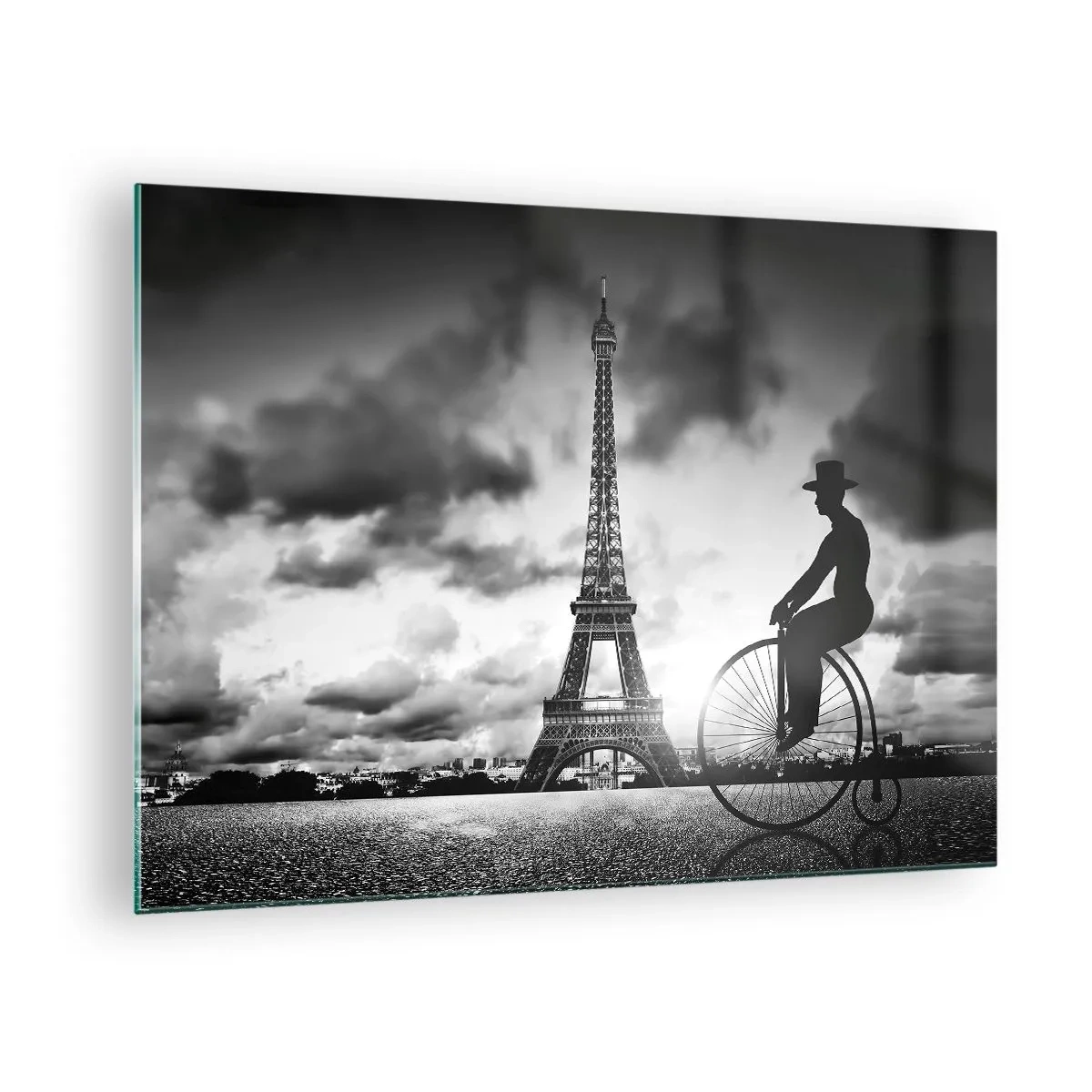 Obraz na szkle - Wieża Eiffla z rowerem retro w czerni i bieli - 70x50cm - Tęsknota do Belle Epoque - Nowoczesna dekoracja ścienna do salonu i sypialni ARTTOR
