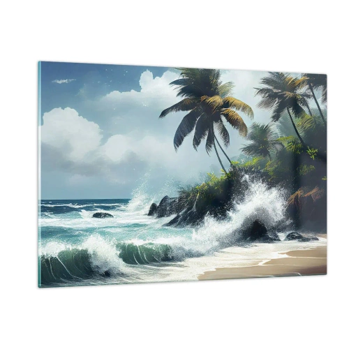 Obraz na szkle - Fale uderzające o skały przy palmach na tropikalnej plaży - 120x80cm - Na tropikalnym brzegu - Nowoczesna dekoracja ścienna do salonu, kuchni i sypialni ARTTOR
