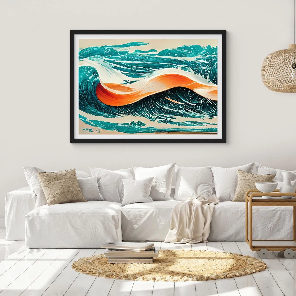 Plakat w czarnej ramie - Dynamiczne fale morskie z abstrakcyjną wstęgą - 70x50cm - Sen surfera - Nowoczesna dekoracja ścienna do salonu i sypialni ARTTOR
