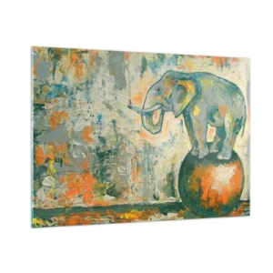 Obraz na szkle - Abstrakcyjny słoń balansujący na kuli - 100x70cm - Niech żyje cyrk! - Nowoczesna dekoracja ścienna do salonu, kuchni i sypialni ARTTOR