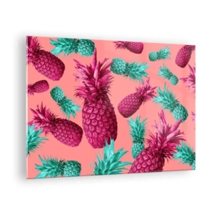 Obraz na szkle - Kolorowe ananasy w odcieniach różu i zieleni na różowym tle - 70x50cm - Wolność jest słodka - Nowoczesna dekoracja ścienna do salonu i sypialni ARTTOR