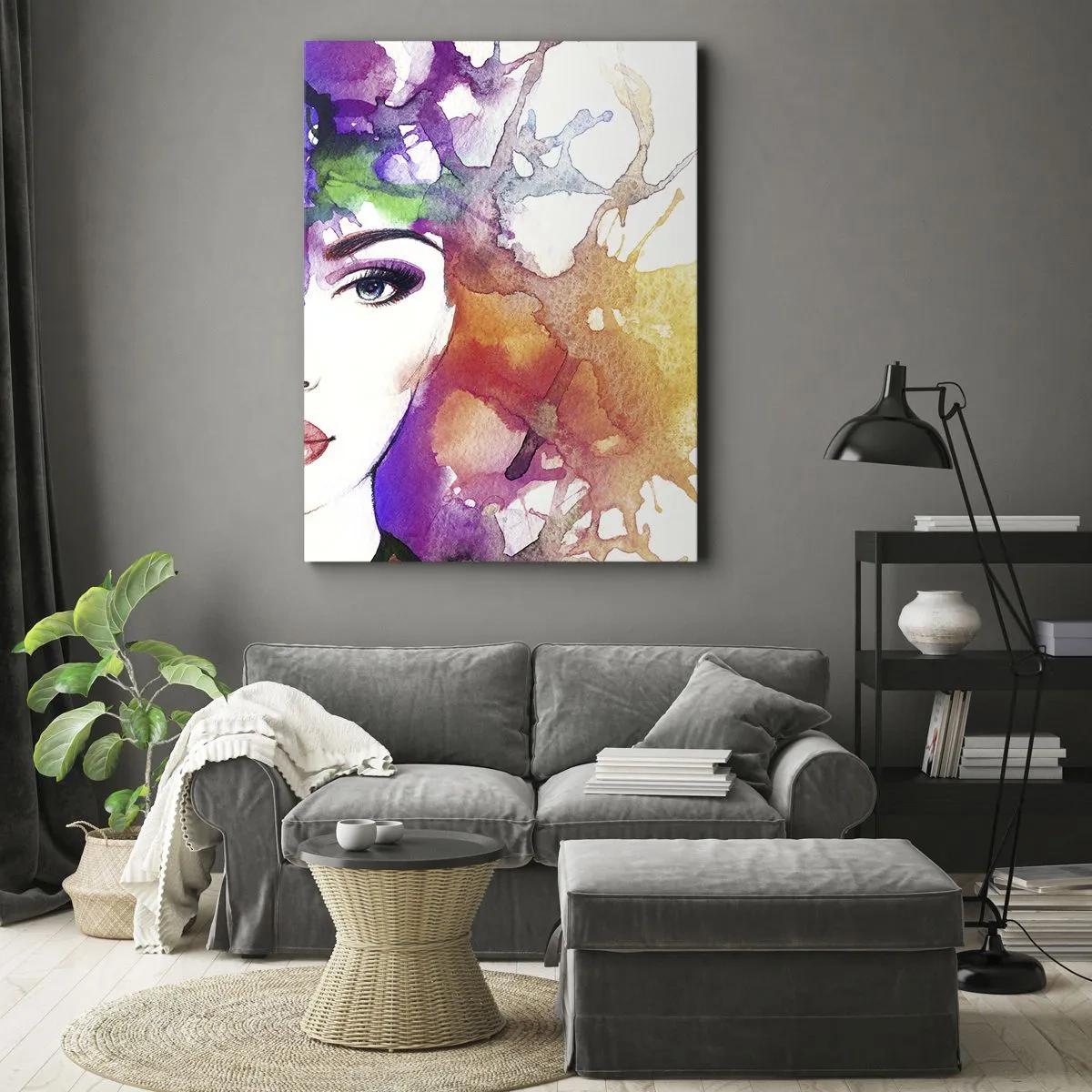 Obraz na płótnie - Portret kobiety w akwarelowych barwach z abstrakcyjnymi plamami - 80x120cm - Z głową w chmurach - Nowoczesna dekoracja ścienna do salonu i sypialni ARTTOR