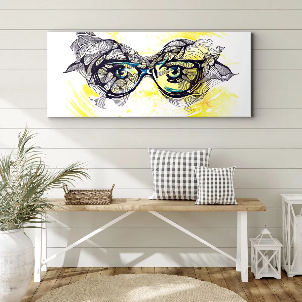 Obraz na płótnie - Artystyczna grafika okularów z wyrazistymi oczami - 160x50cm - Przez błękitne okulary - Nowoczesna dekoracja ścienna do salonu i sypialni ARTTOR