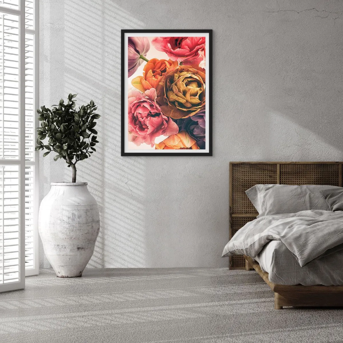 Plakat w czarnej ramie - Kolorowe kwiaty piwonii w artystycznym ujęciu - 50x70cm - Święto życia - Nowoczesna dekoracja ścienna do salonu i sypialni ARTTOR