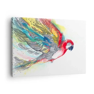 Obraz na płótnie - Kolorowa papuga w locie z abstrakcyjnymi wzorami na skrzydłach - 70x50cm - Żyj kolorowo - Nowoczesna dekoracja ścienna do salonu i sypialni ARTTOR