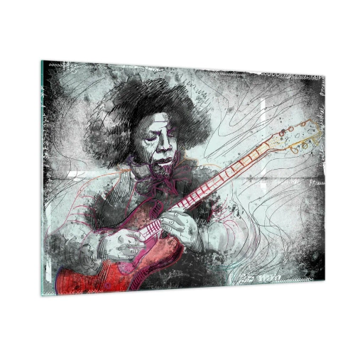 Obraz na szkle - Artystyczny portret muzyka z gitarą elektryczną - 100x70cm - Na falach muzyki - Nowoczesna dekoracja ścienna do salonu, kuchni i sypialni ARTTOR