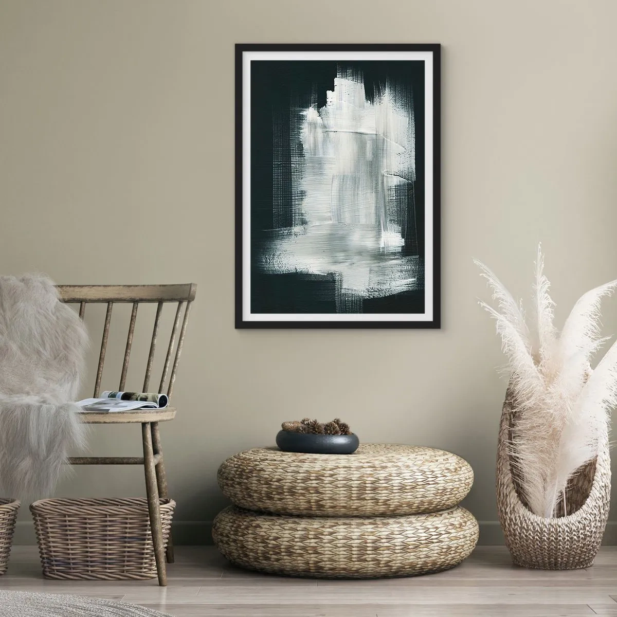 Plakat w czarnej ramie - Abstrakcyjna kompozycja w bieli na ciemnym tle - 50x70cm - Utkane z pionu i poziomu - Nowoczesna dekoracja ścienna do salonu i sypialni ARTTOR