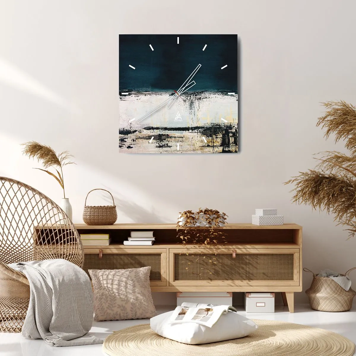 Zegar ścienny - Abstrakcyjna horyzontalna kompozycja w tonacjach granatu i bieli - 30x30cm - Kompozycja horyzontalna - Nowoczesna dekoracja ścienna do salonu i sypialni ARTTOR