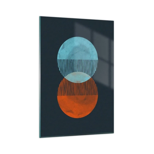 Obraz na szkle - Dwa koła w kolorze pomarańczowym i niebieskim na ciemnym tle - 80x120cm - Astronomiczna fantazja - Nowoczesna dekoracja ścienna do salonu i sypialni ARTTOR