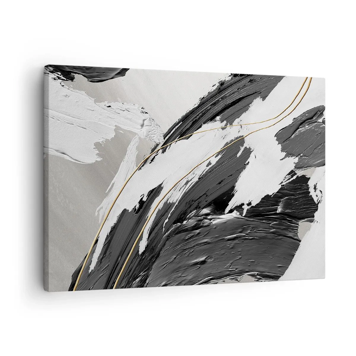 Obraz na płótnie - Czarno-białe pociągnięcia farby z delikatnym złotym akcentem - 70x50cm - Abstrakcja z rozmachem - Nowoczesna dekoracja ścienna do salonu i sypialni ARTTOR