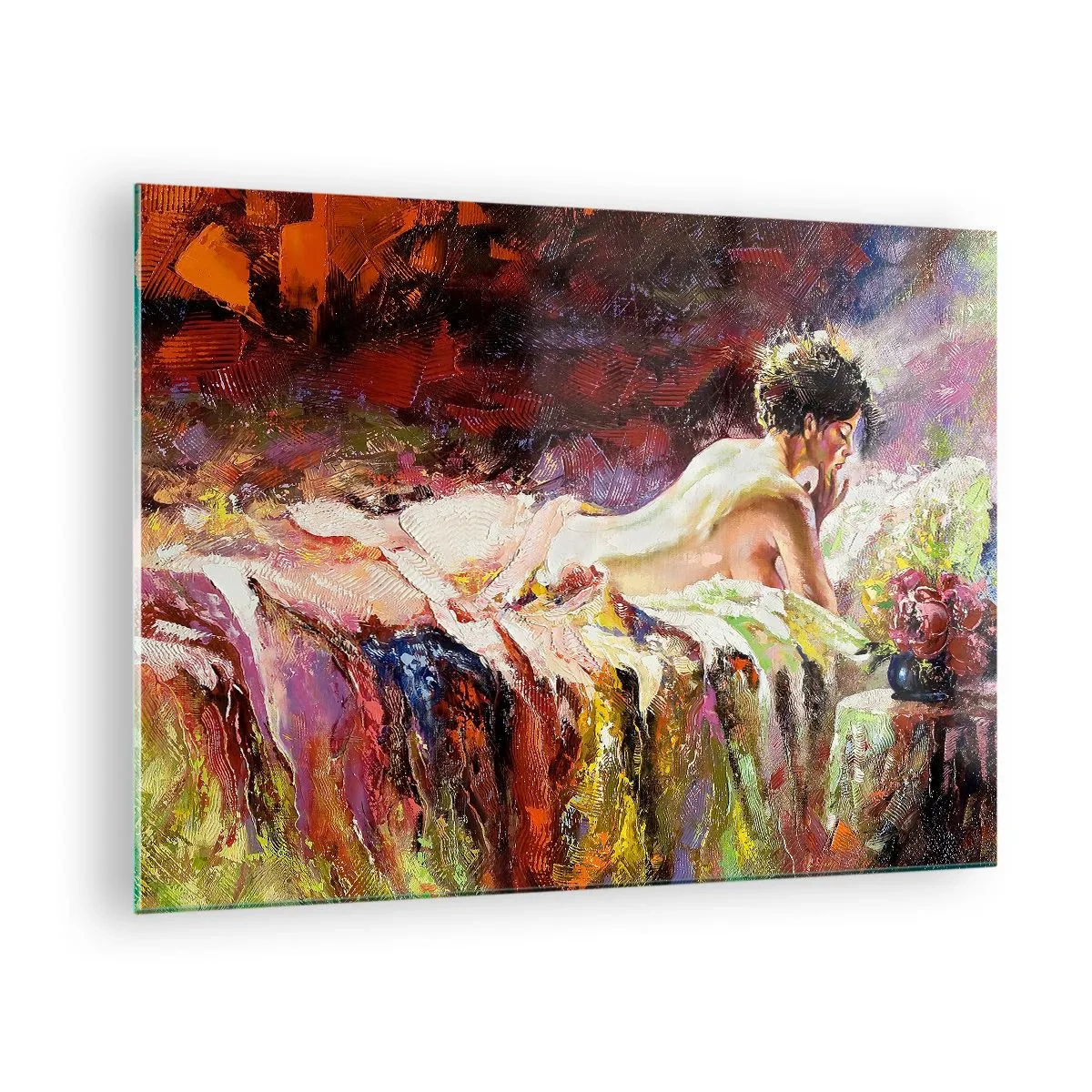 Obraz na szkle - Impresjonistyczny akt kobiety na kolorowej tkaninie - 70x50cm - Zamyślona Wenus - Nowoczesna dekoracja ścienna do salonu i sypialni ARTTOR